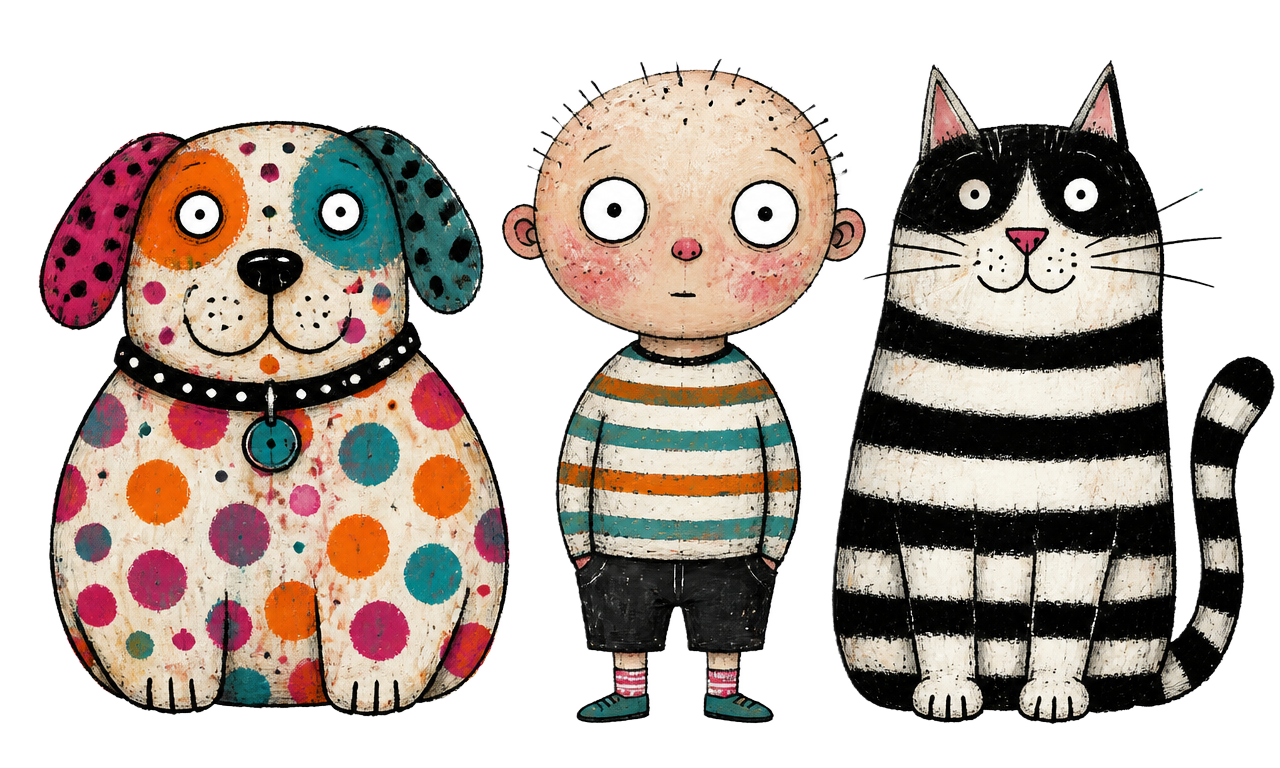 Folk-art dog, child, and cat characters